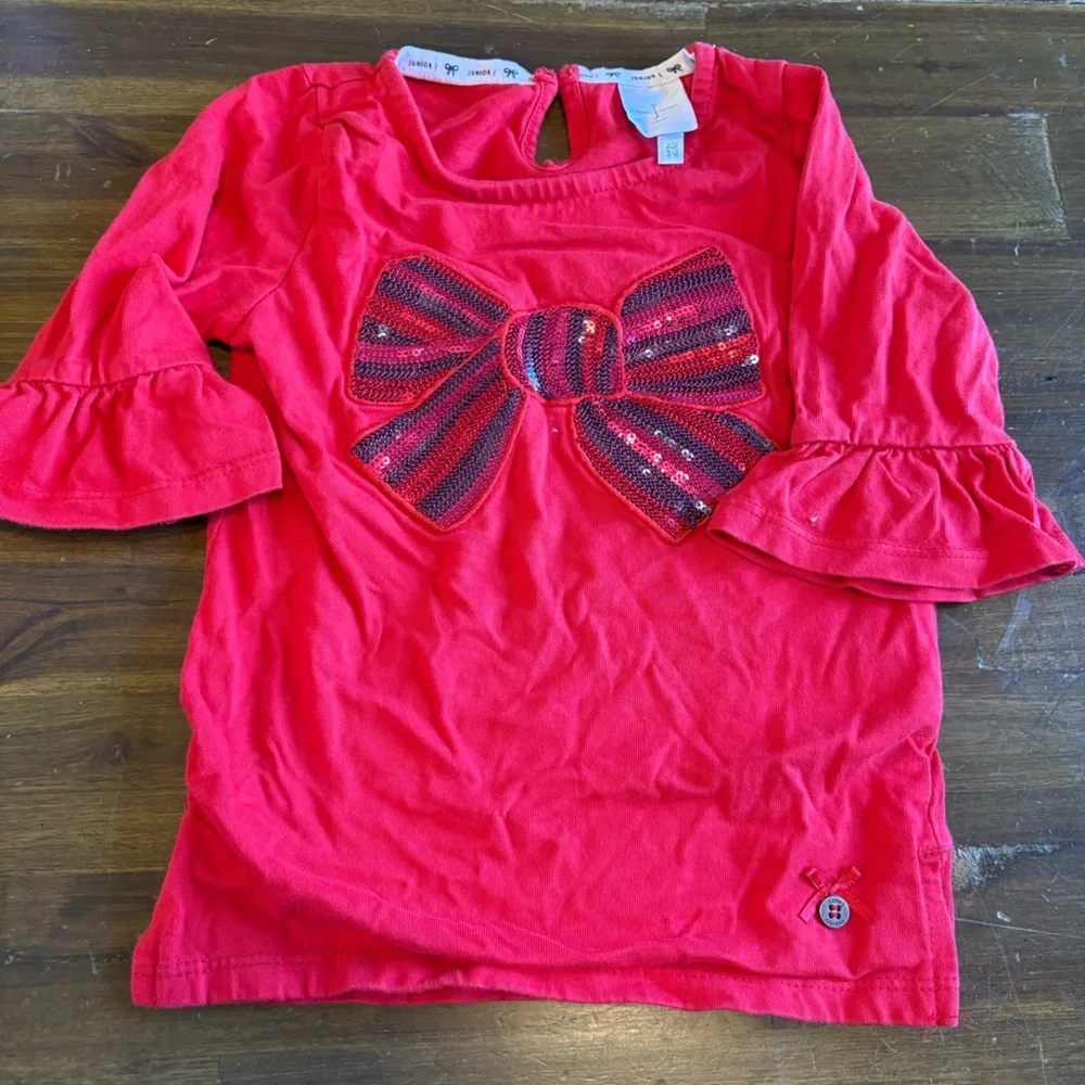 Jasper Conran Red Sequin Bow Top Ruffle Sleeves Holiday Cute Toddler 3-4